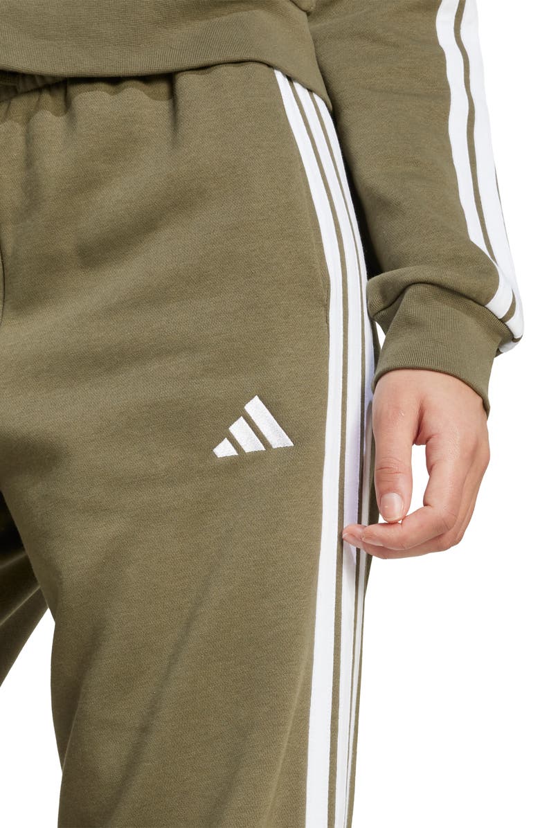adidas Essentials 3-Stripes Open Hem Fleece Pants, Alternate, color, Olive Strata/ White