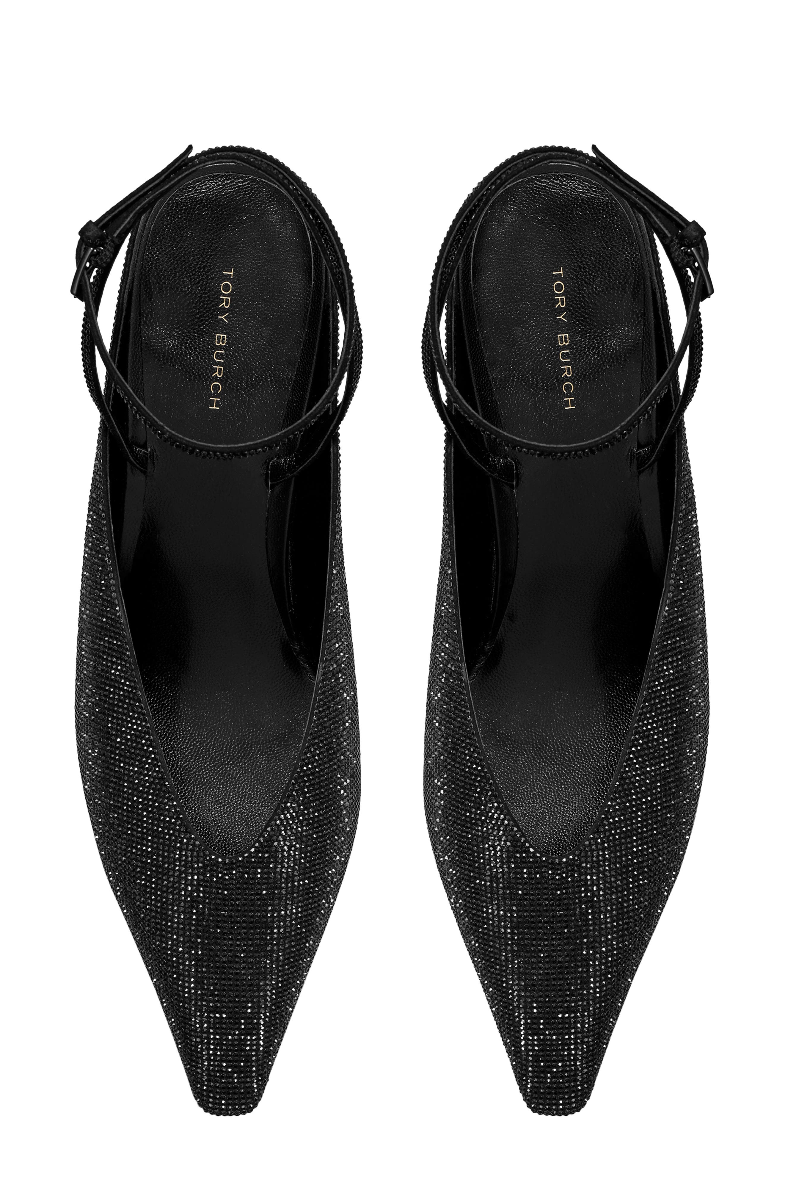 Tory Burch Ankle Strap Pavé Pointed Toe Wedge Pump, Alternate, color, Perfect Black