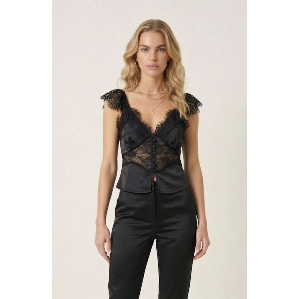 Modenaire Lace Trim Satin Corset Top In Black