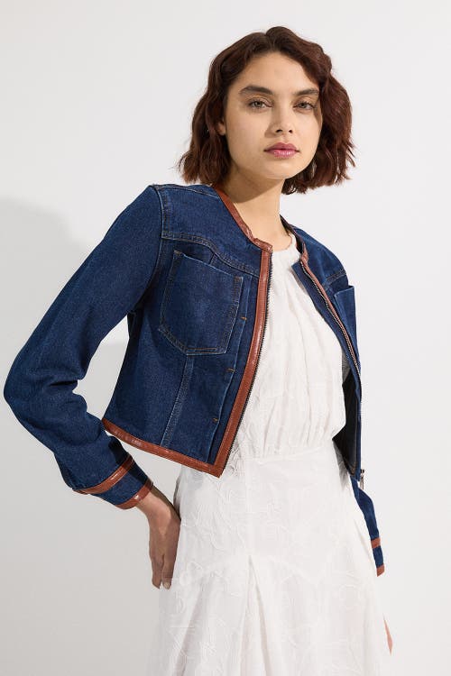 Karen Millen Denim & Leather Collarless Jacket In Blue