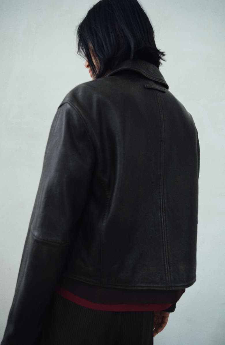 MANGO Leather Bomber Jacket, Alternate, color, Black