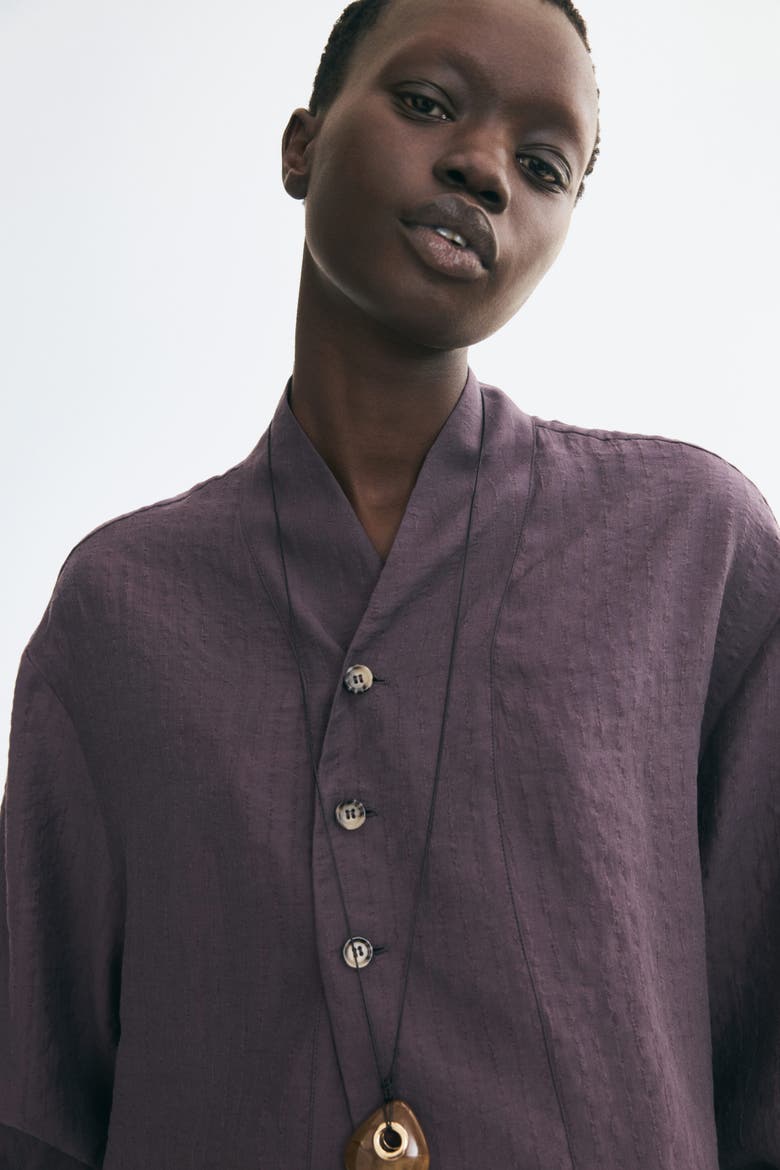 Textured-Weave Button-Detail Shirt, Alternate, color, Dark purple