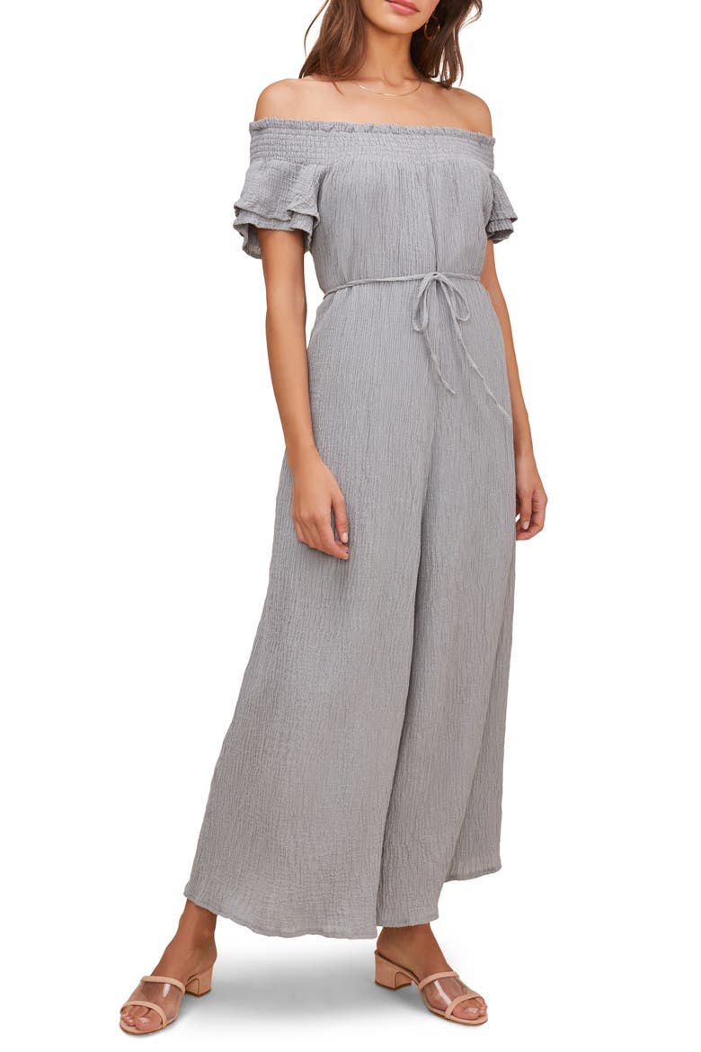 the Label Maura Off the Shoulder Jumpsuit, Main, color, SLATE