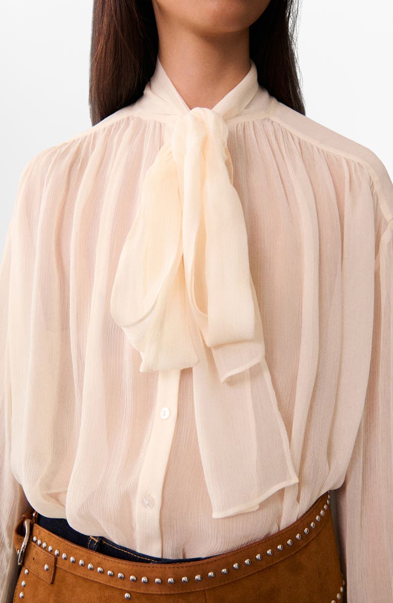 MANGO Puff Sleeve Tie Neck Button-Up Shirt, Main, color,