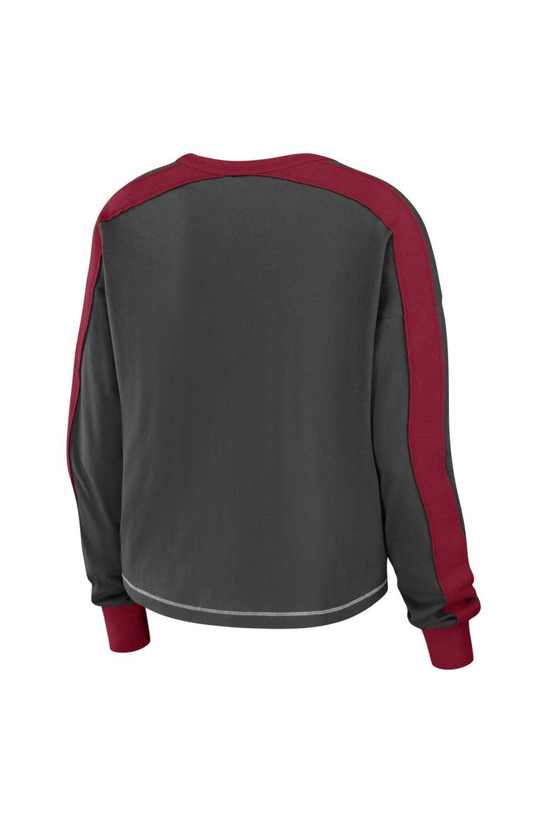 Women's WEAR by Erin Andrews Pewter/Red Tampa Bay Buccaneers Color Block Modest Crop Long Sleeve T-Shirt, Alternate, color, Pewter