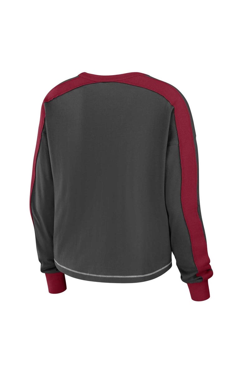 WEAR by Erin Andrews Women
s WEAR by Erin Andrews Pewter/Red Tampa Bay Buccaneers Color Block Modest Crop Long Sleeve T-Shirt, Alternate, color, Pewter