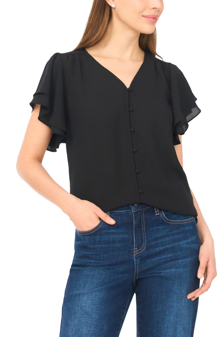 Double Flutter Sleeve V-Neck Top, Main, color, RICH BLACK