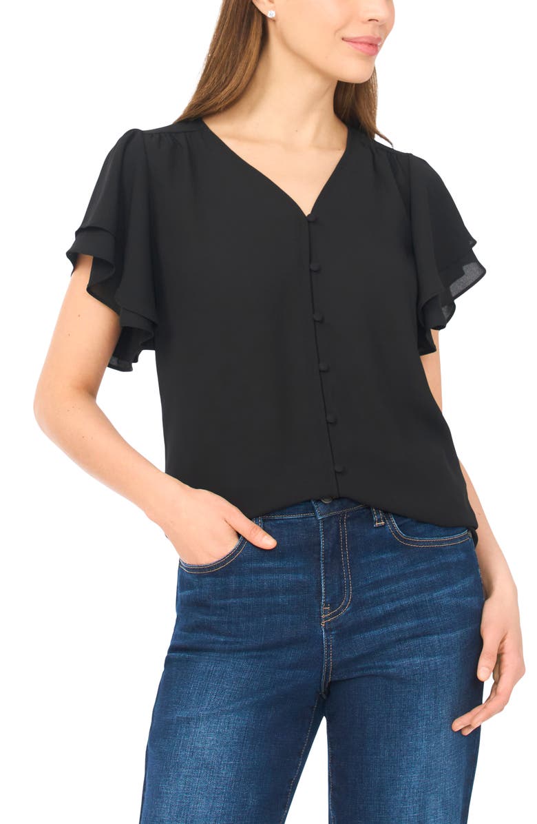 CeCe Double Flutter Sleeve V-Neck Top, Main, color, Rich Black