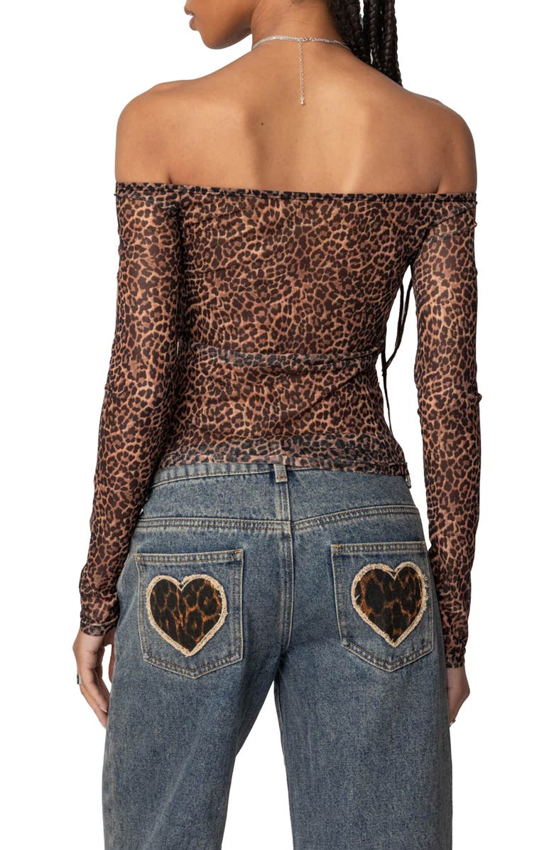EDIKTED Leopard Print Sheer Mesh Off the Shoulder Top, Alternate, color, Leopard