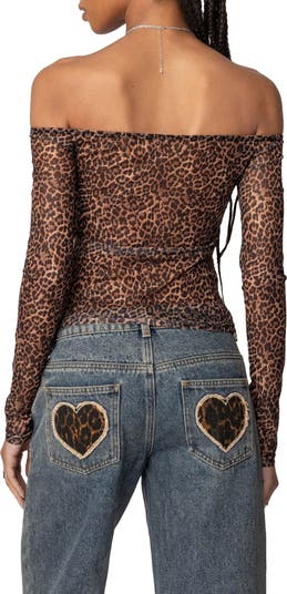 Leopard Print Sheer Mesh Off the Shoulder Top