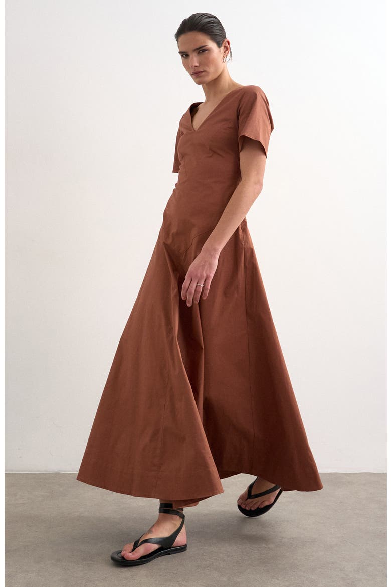 Seamed V-Neck A-Line Midi Dress, Alternate, color, RUST