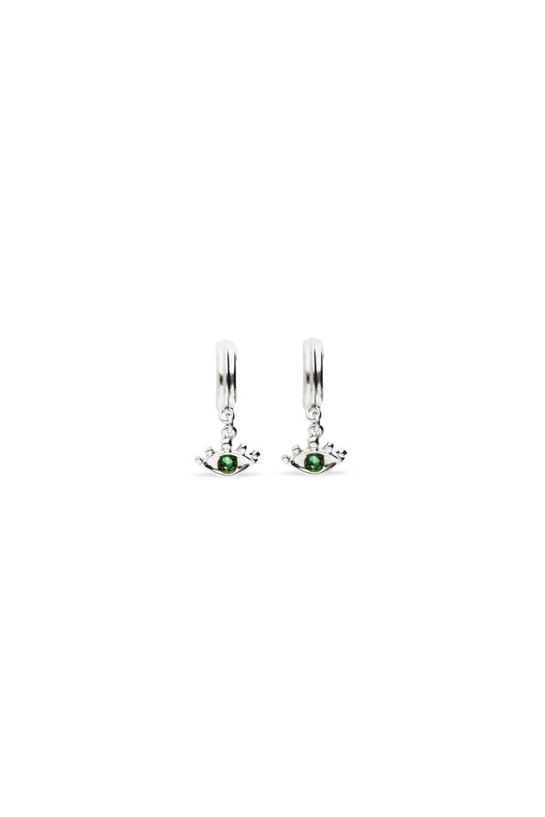 Silver Plated Hoop Earrings with Eye Detail with Green Faceted Crystal, Alternate, color, Silver