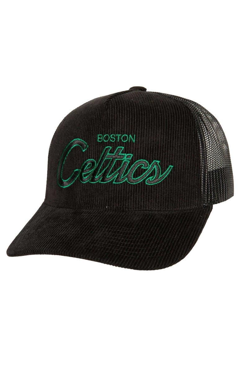 Mitchell & Ness Men's Mitchell & Ness Black Boston Celtics Times Up Classic Script Cord Trucker Hat, Main, color, 