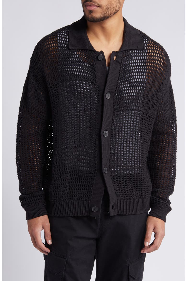 Mixed Open Stitch Cotton Cardigan, Alternate, color, BLACK