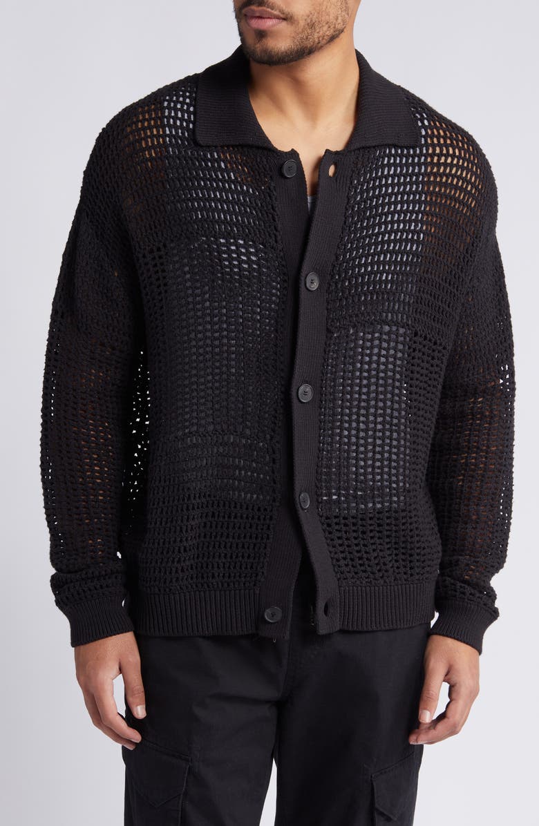 FRAME Mixed Open Stitch Cotton Cardigan, Alternate, color, Black