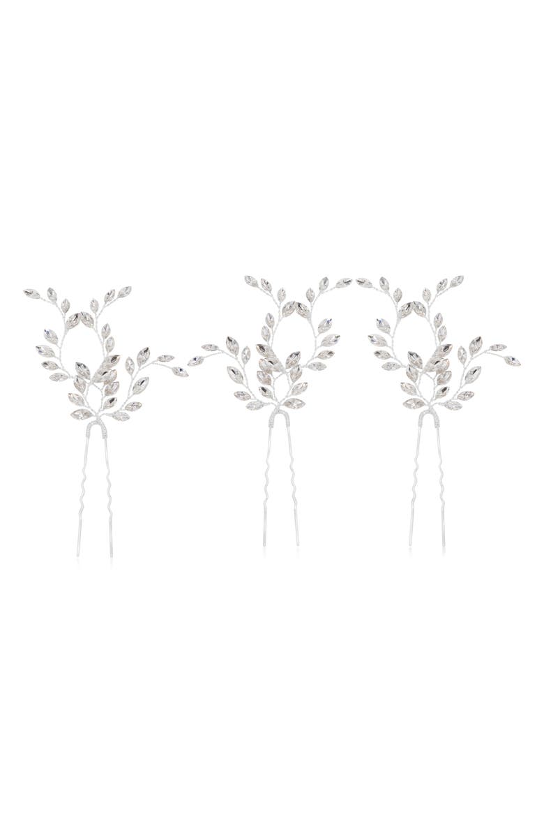 Brides & Hairpins Fawn Set of 3 Swarovski Crystal Hair Pins, Main, color, Silver