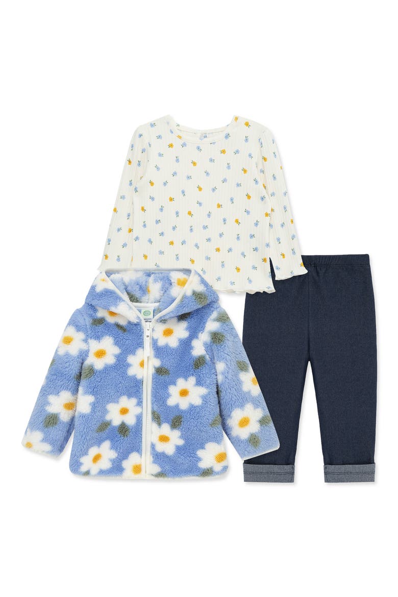 Floral Print Fleece Hoodie, Long Sleeve Top & Leggings Set, Main, color, BLUE MULTI