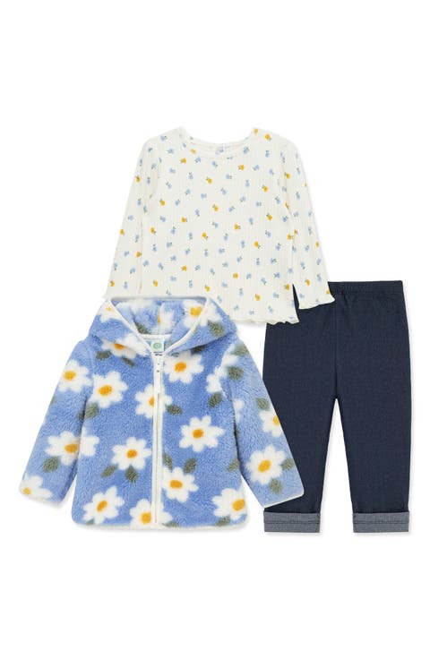 Floral Print Fleece Hoodie, Long Sleeve Top & Leggings Set