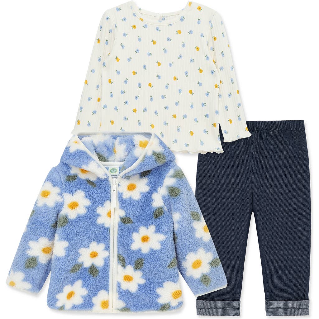 Little Me Floral Print Fleece Hoodie, Long Sleeve Top & Leggings Set In Blue