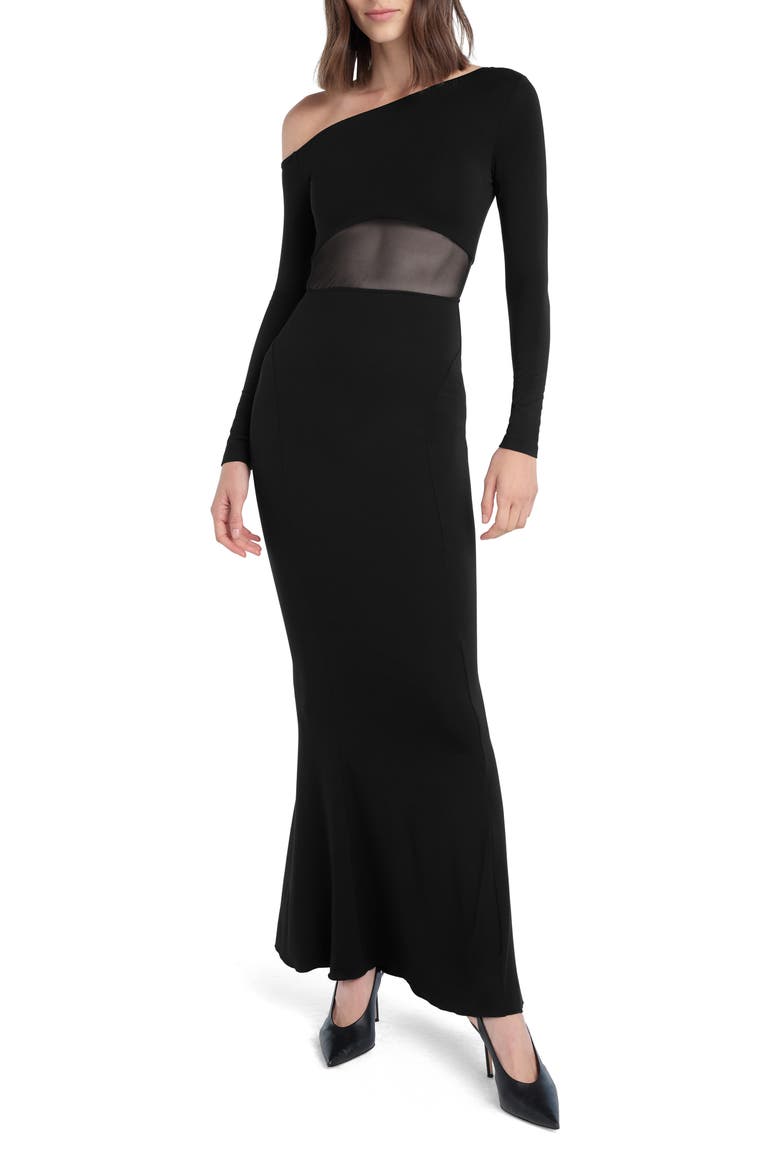 The Hold Me Asymmetric Long Sleeve Dress, Main, color, BLACK