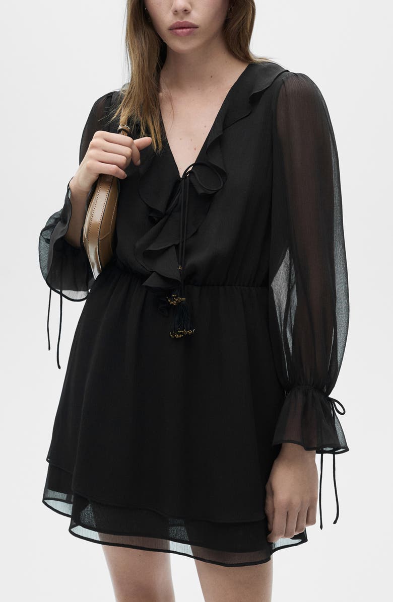 MANGO Ruffle Long Sleeve Minidress, Alternate, color,