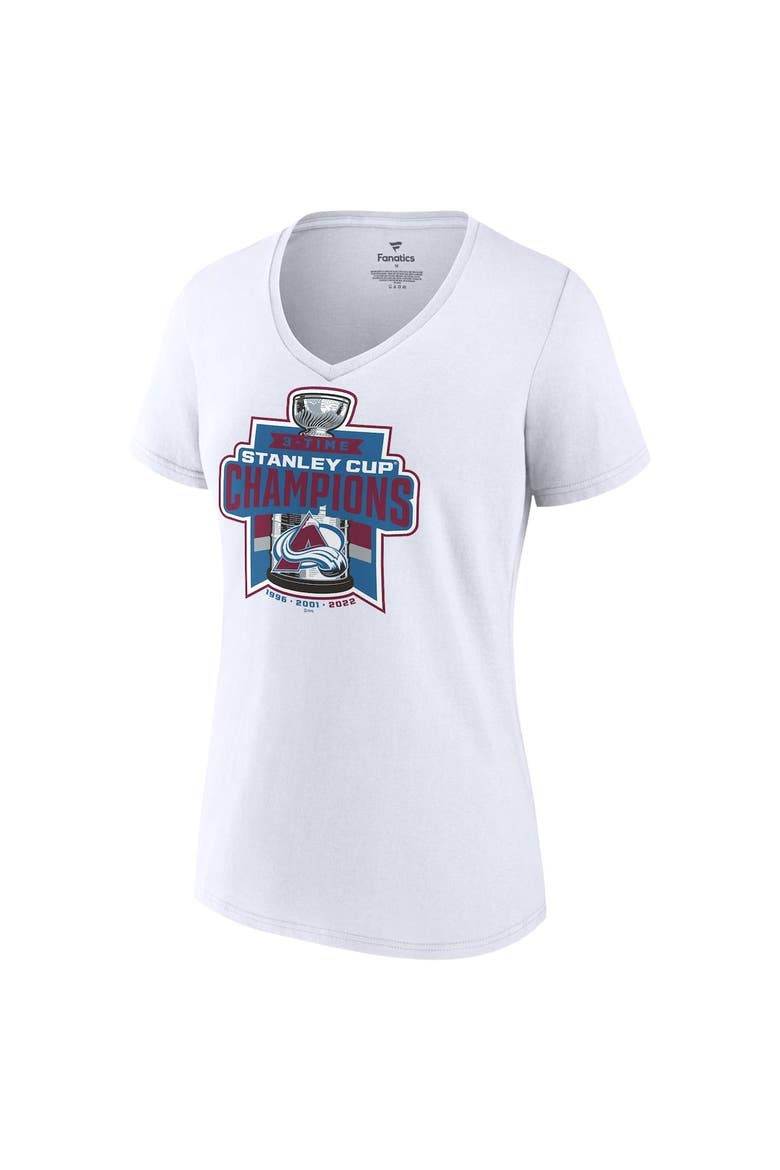 Women's Fanatics Branded White Colorado Avalanche 3-Time Stanley Cup Champions V-Neck T-Shirt, Alternate, color, White