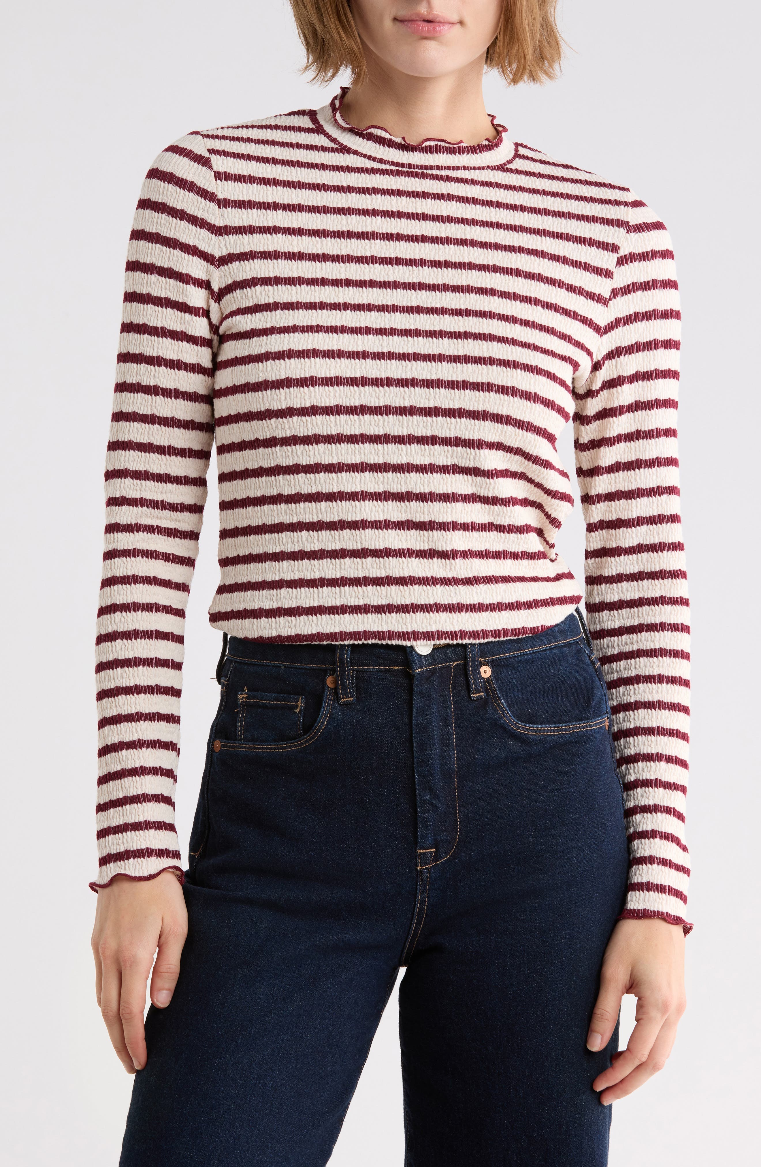 Textured Stripe Lettuce Edge Long Sleeve Mock Neck Top