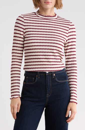 Textured Stripe Lettuce Edge Long Sleeve Mock Neck Top
