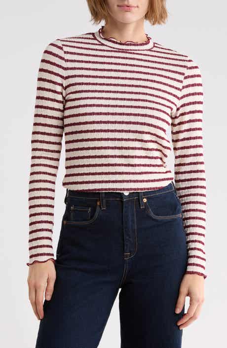 Textured Stripe Lettuce Edge Long Sleeve Mock Neck Top