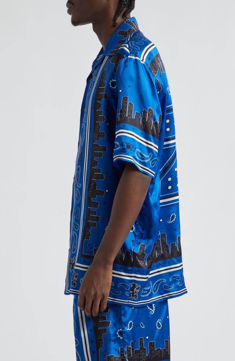 Off-White Bandana Short Sleeve Satin Button-Up Bowling Shirt, Alternate, color, Nautical Blue