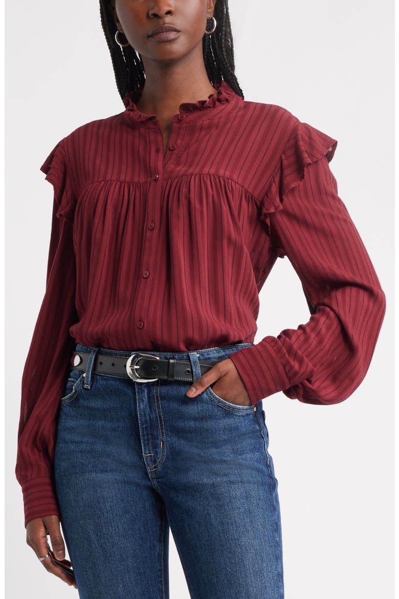 Ruffle Button-Up Shirt, Main, color, RED GRAPE