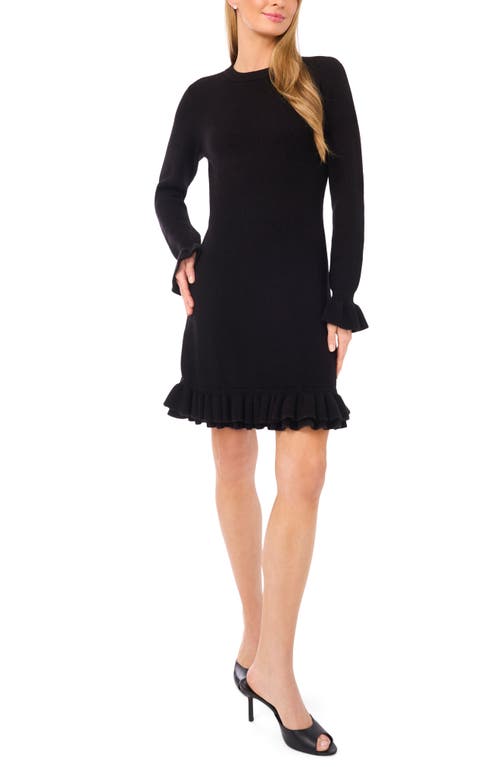 Cece Ruffle Trim Long Sleeve Sweater Minidress In Black