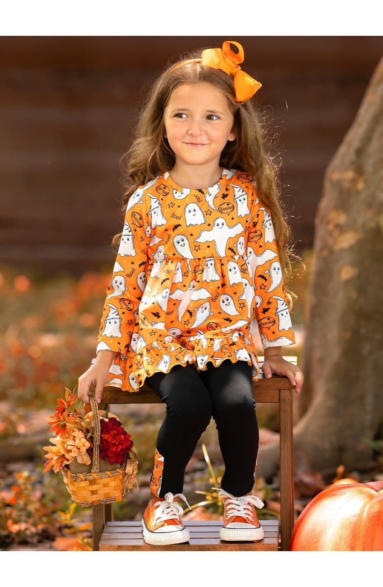 Mia Belle Girls Fun-tastic Flying Ghosts Halloween Legging Set, Alternate, color, Orange