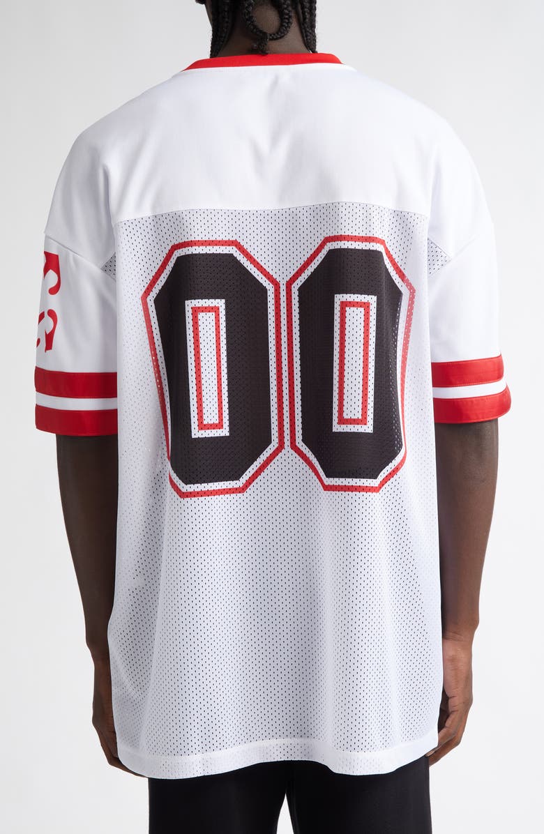 Off-White Gothic Logo V-Neck Football Mesh Graphic T-Shirt, Alternate, color, 