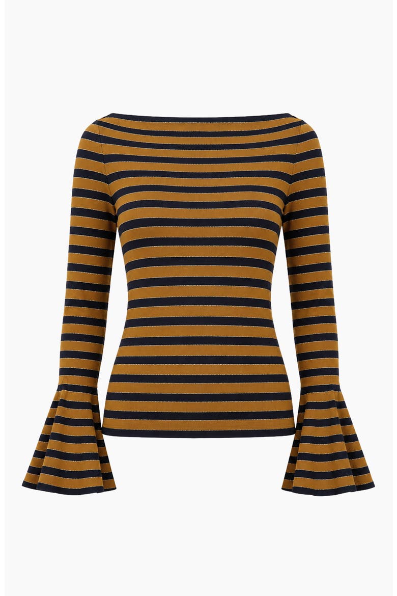 Boat-Neck Bell-Sleeve Striped Blouse, Alternate, color, Camel
