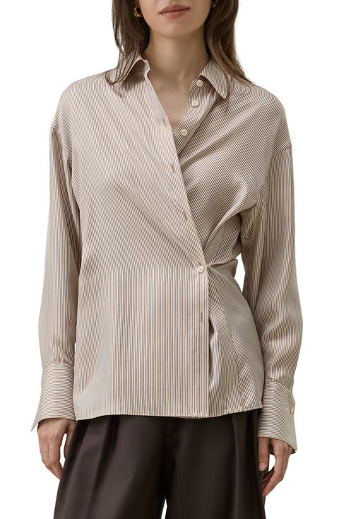 Striped Silk Twill Asymmetric Wrap Shirt