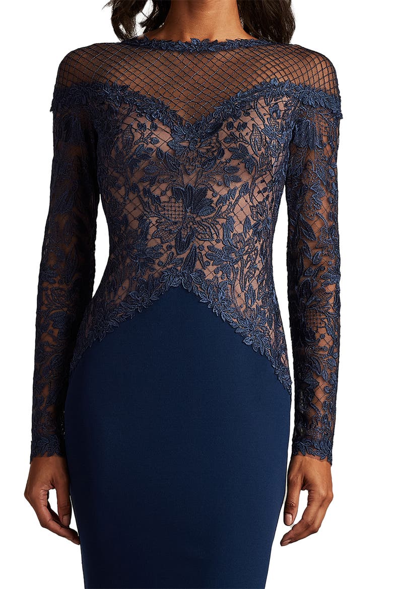 Embroidered Lace Long Sleeve Cocktail Dress, Alternate, color, NAVY/ NUDE