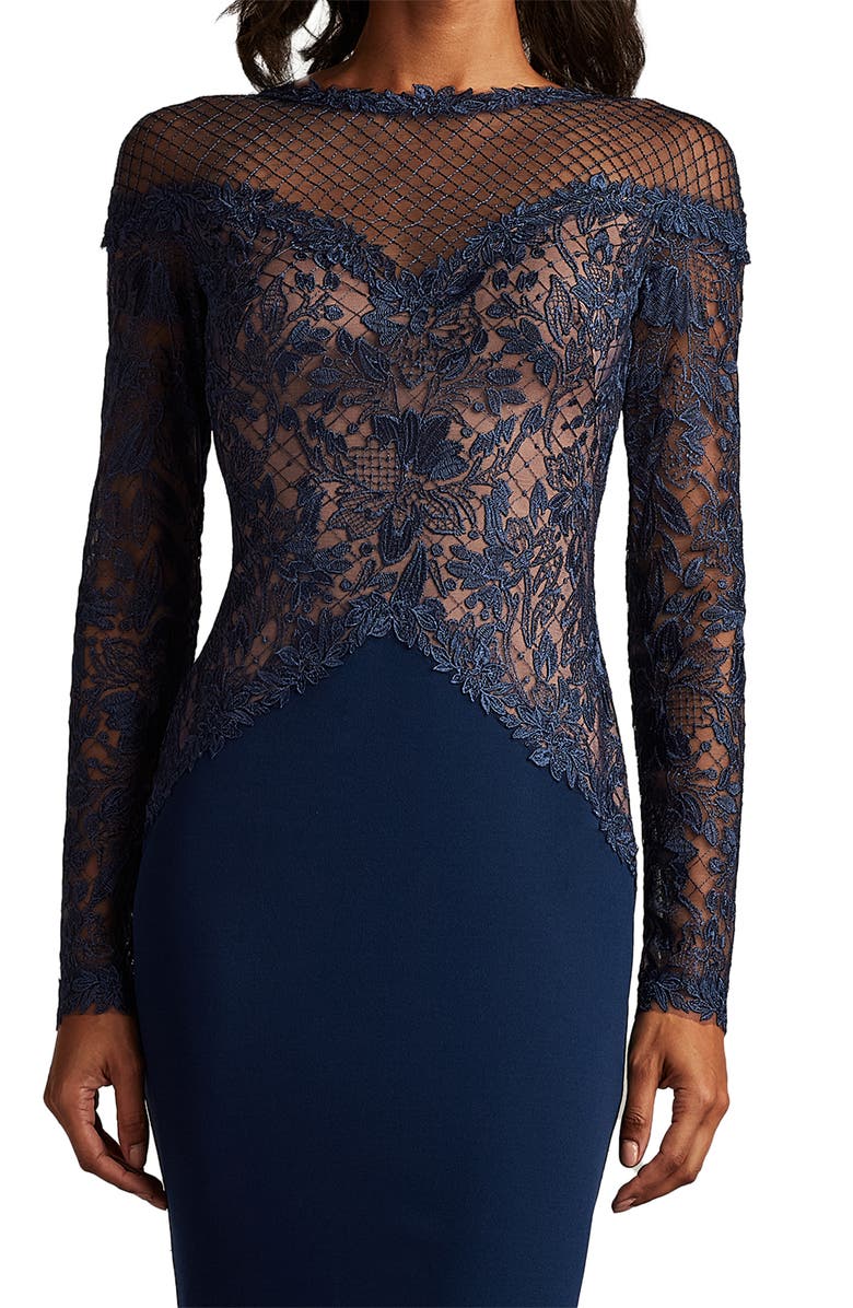 Tadashi Shoji Embroidered Lace Long Sleeve Cocktail Dress, Alternate, color, Navy/ Nude