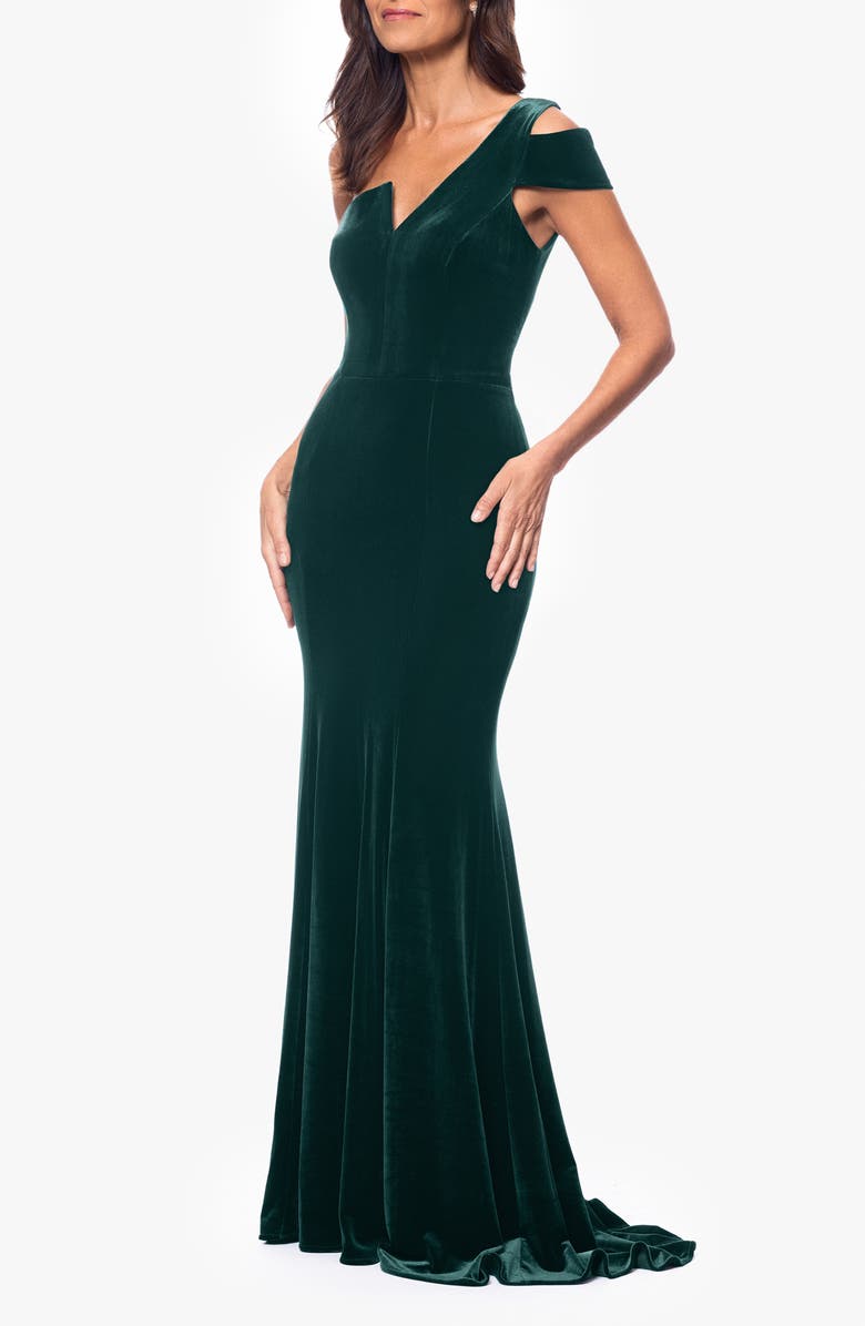 Betsy & Adam One-Shoulder Velvet Mermaid Gown, Alternate, color, Hunter
