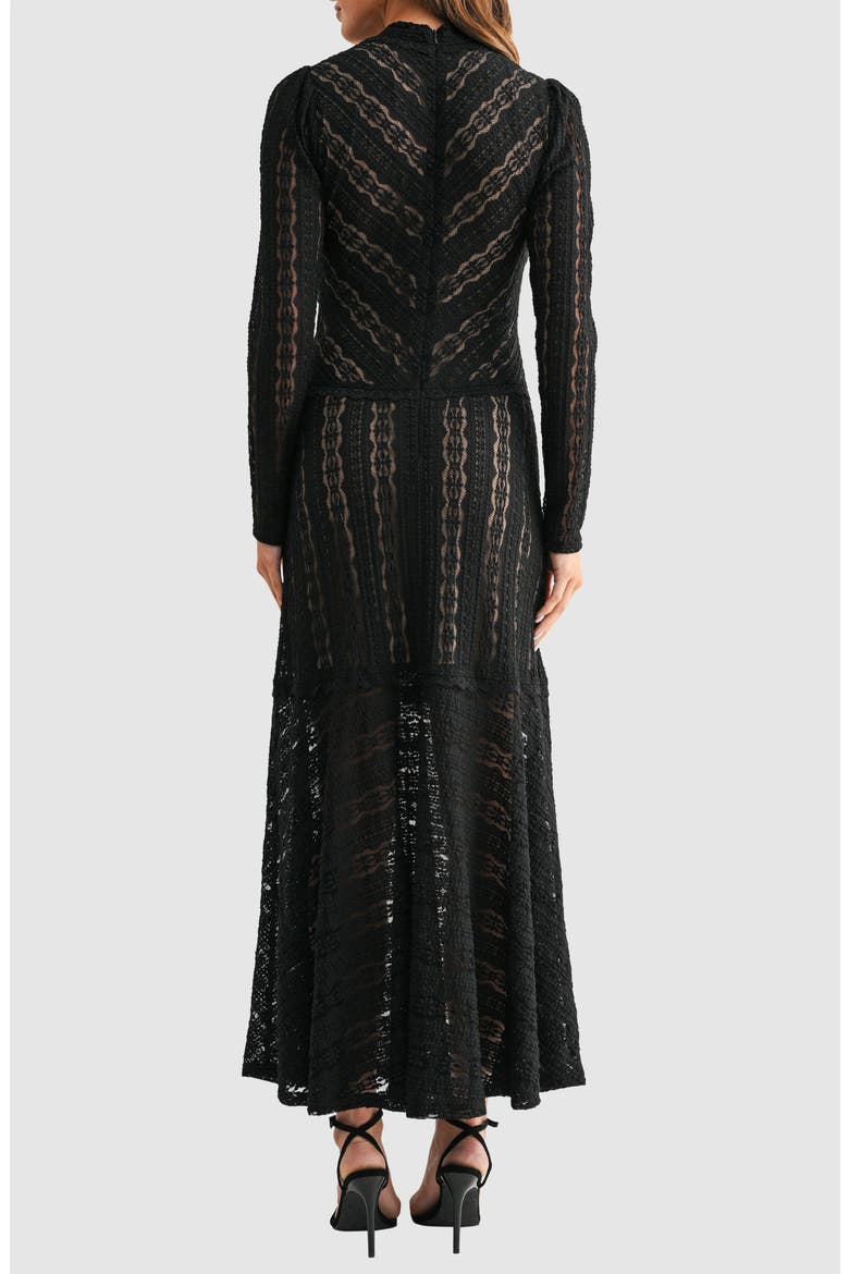 Lace Chevron Stripe Long Sleeve Maxi Dress, Alternate, color, BLACK