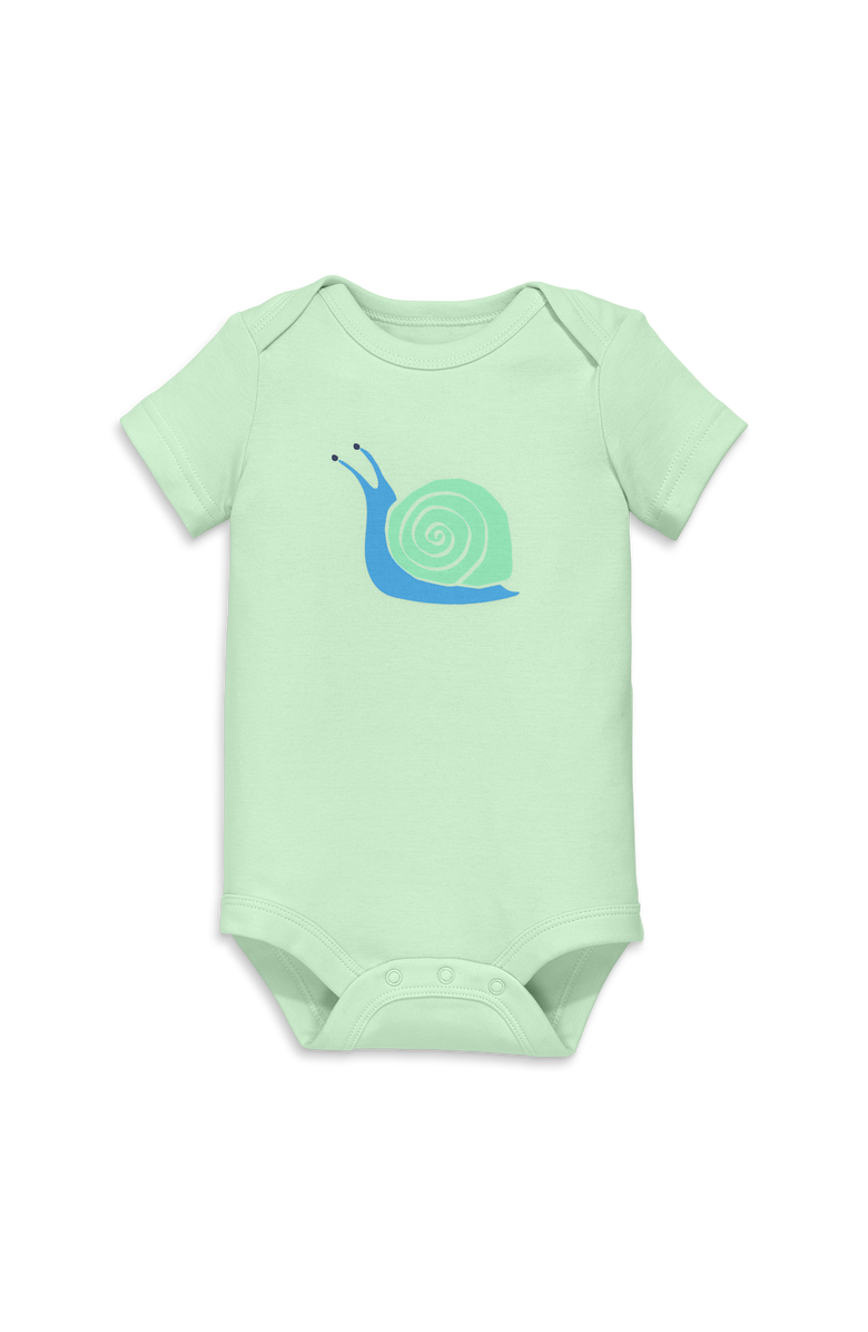 Primary Organic Short Sleeve Snail Babysuit, Main, color, Light Clover
