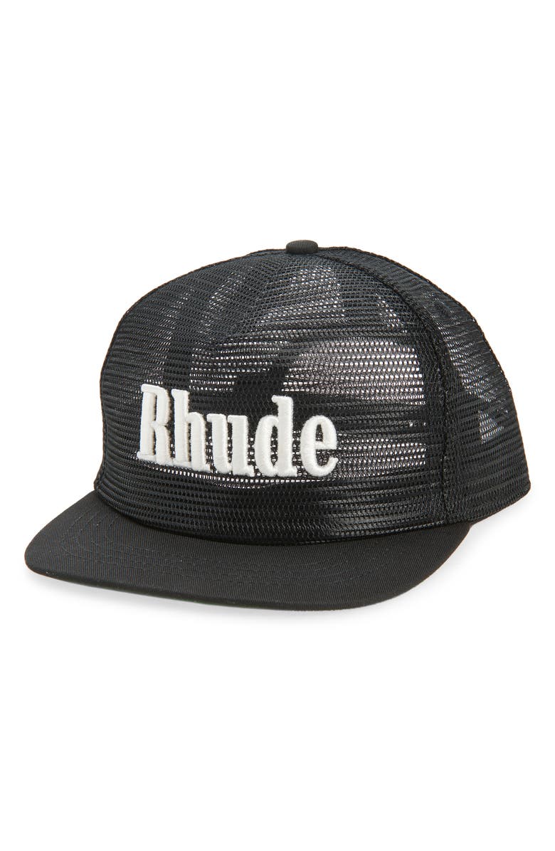 Rhude Logo Embroidered Snapback Trucker Hat, Main, color, Black/ White