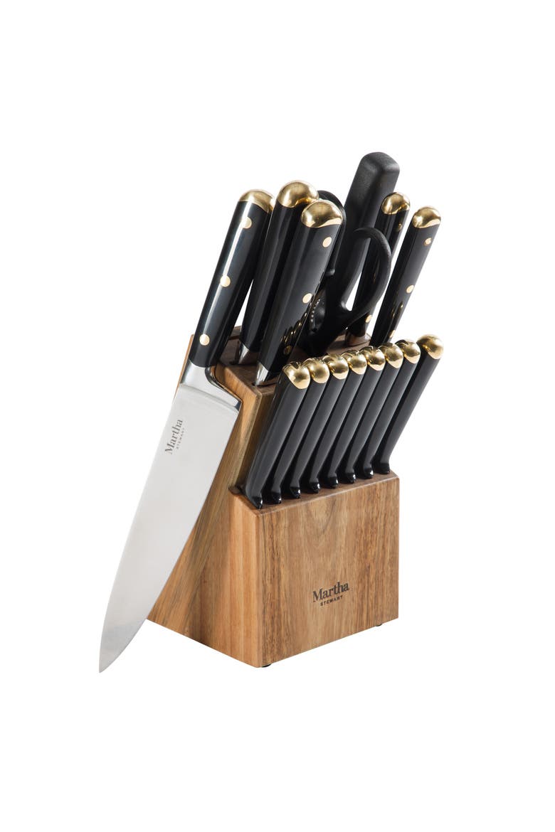 Lockton 16-Piece High-Carbon Stainless Steel Knife Block Set with Acacia Wood Block, Main, color, Black/Gold