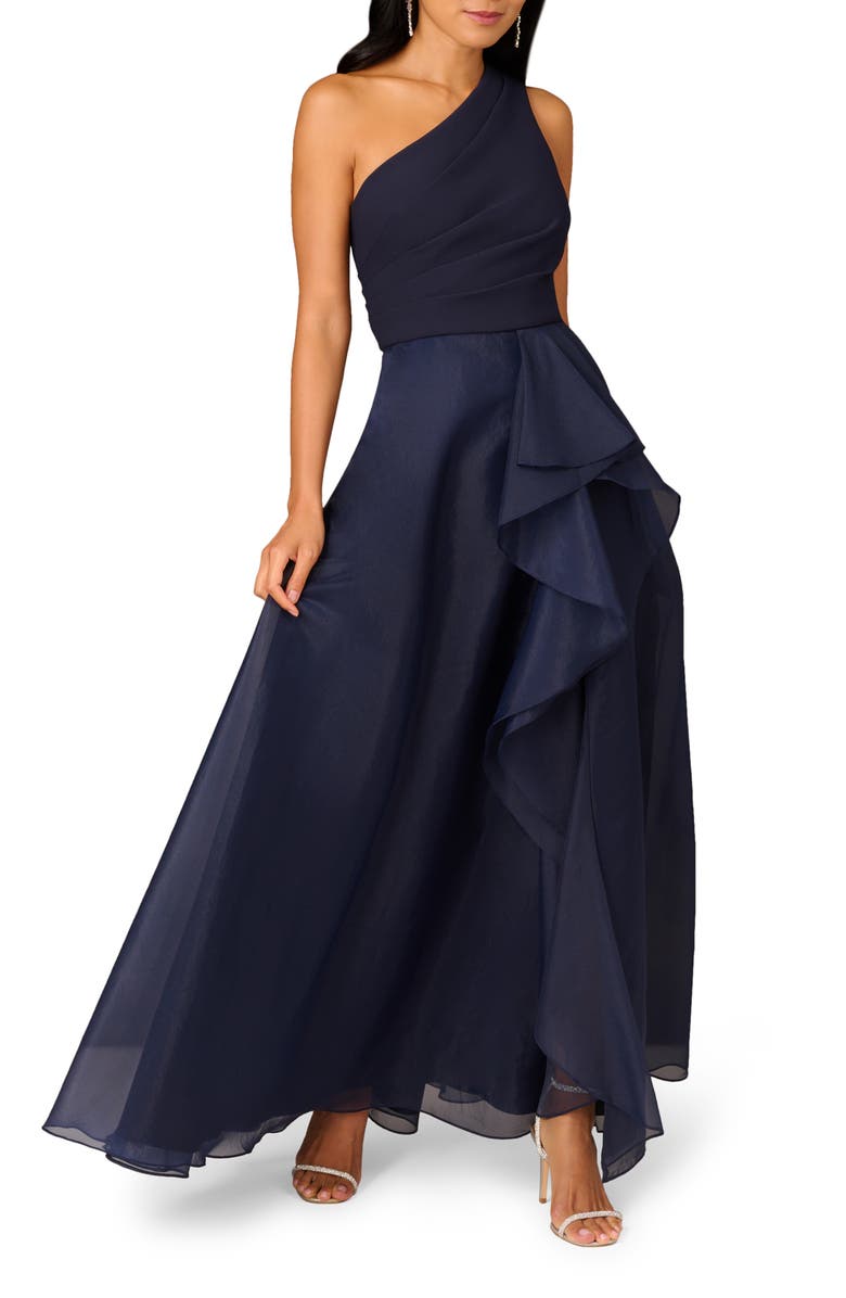 Aidan Mattox by Adrianna Papell Mixed Media One-Shoulder Gown, Main, color, 