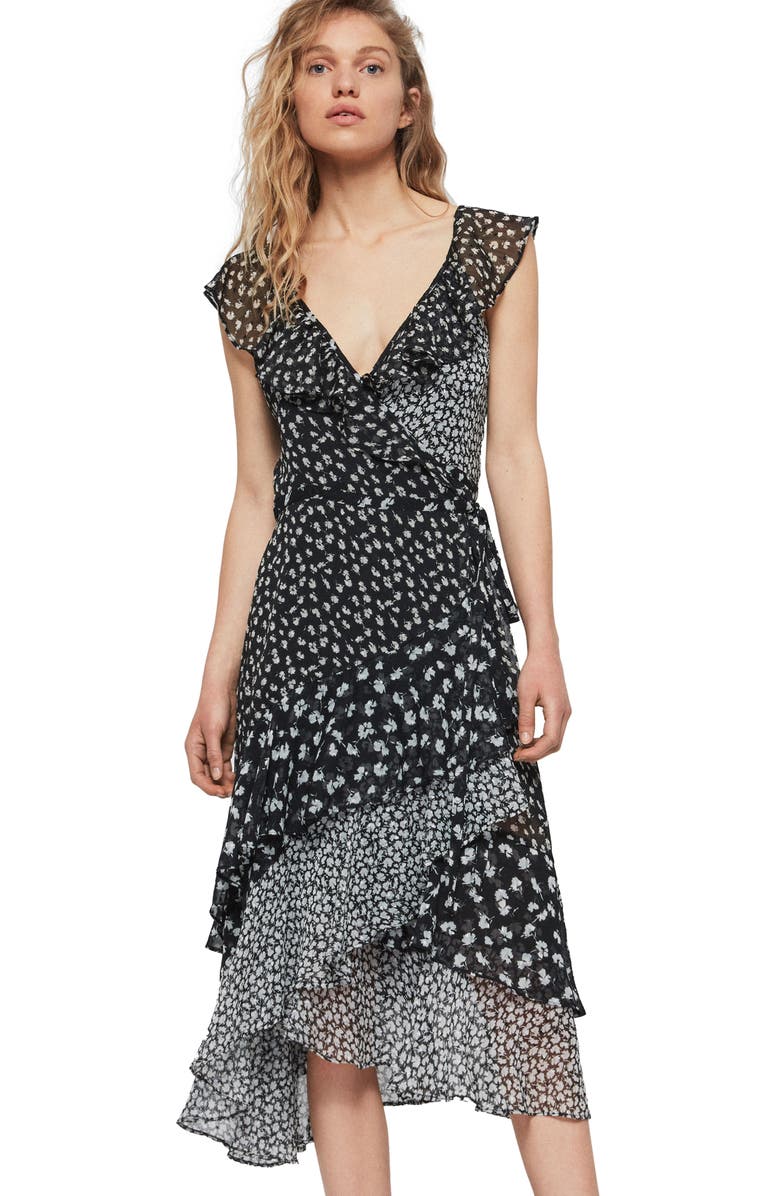 AllSaints Kari Scatter Print Ruffle Wrap Dress, Alternate, color,