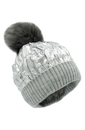 Surell Faux Fur Pompom Puffer Beanie In Silver