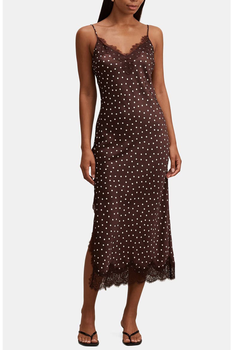 Jess Polka Dot Lace Trim Satin Midi Slipdress, Main, color, JAYA SPOT