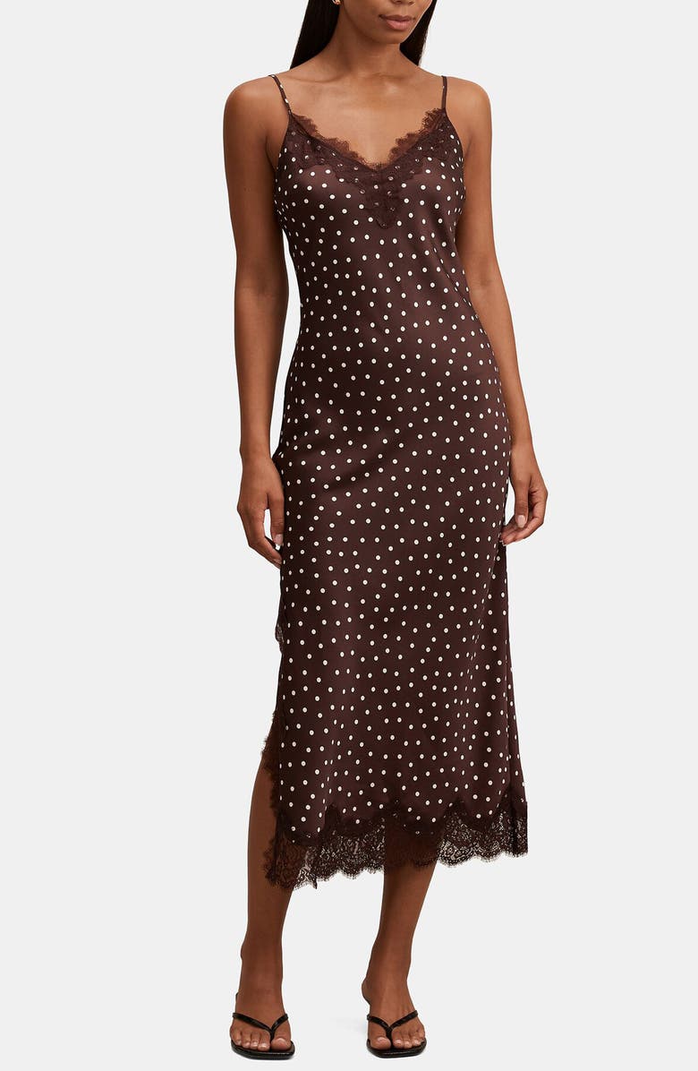 Ever New Jess Polka Dot Lace Trim Satin Midi Slipdress, Main, color, Jaya Spot
