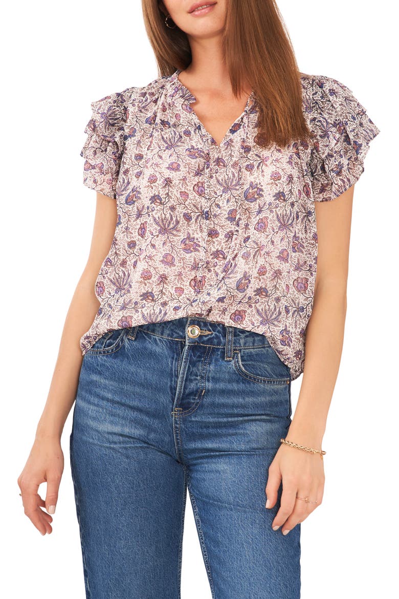Floral Print Flutter Sleeve Blouse, Main, color, TWILIGHT PURPLE