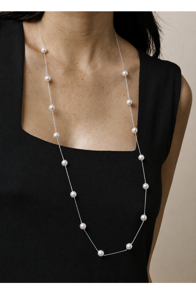 14K Gold 8.0-8.5mm Opera Japanese Akoya Pearl Tincup Necklace, Main, color, White Gold